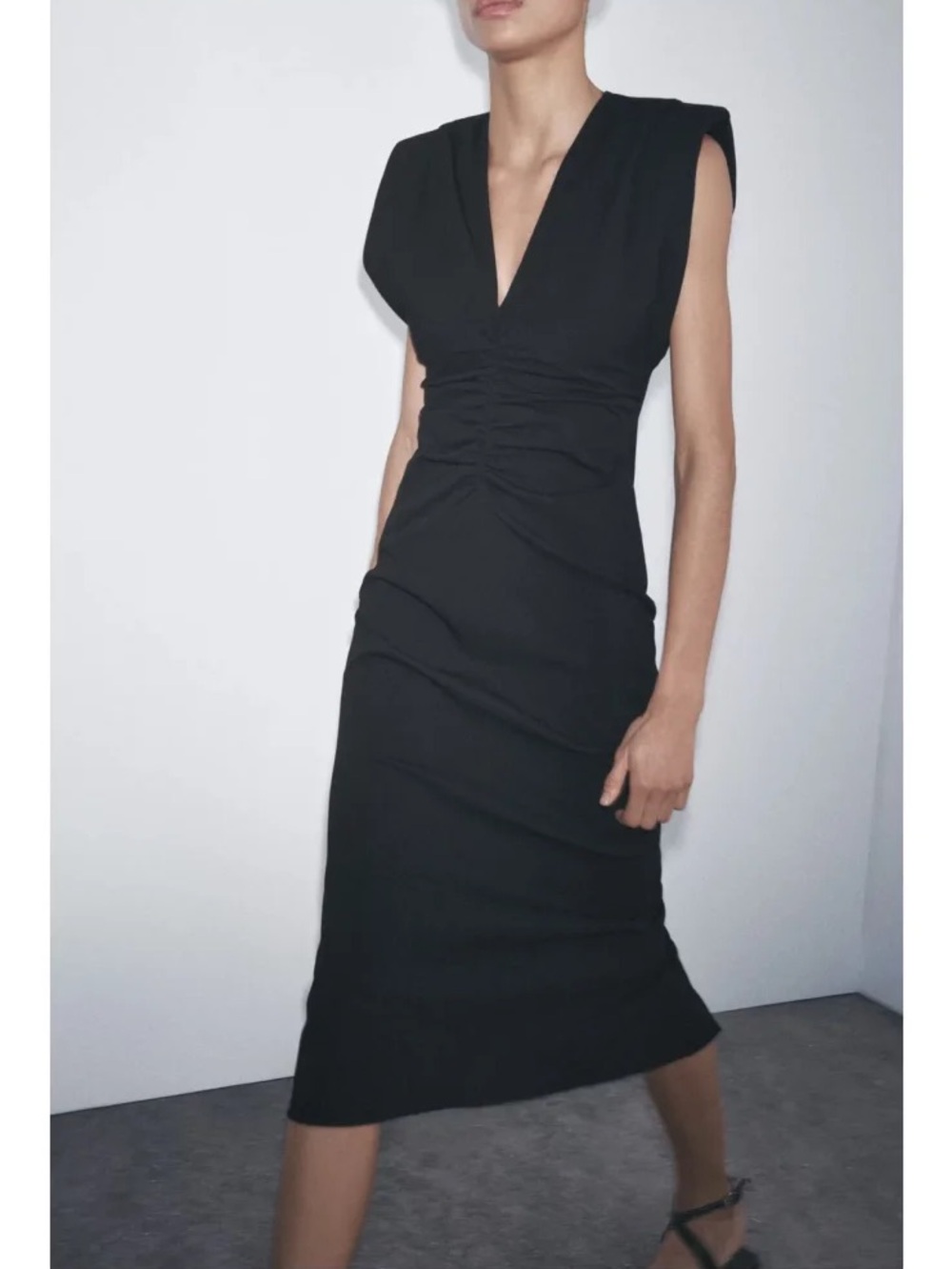 ZARA ZW Collection Ruched Black Midi Dress w/ Shoulder Pads - XS - Picture 3 of 14
